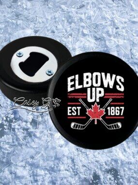 NEW**Hockey Puck Bottle Opener**Elbows Up Canada Patriot